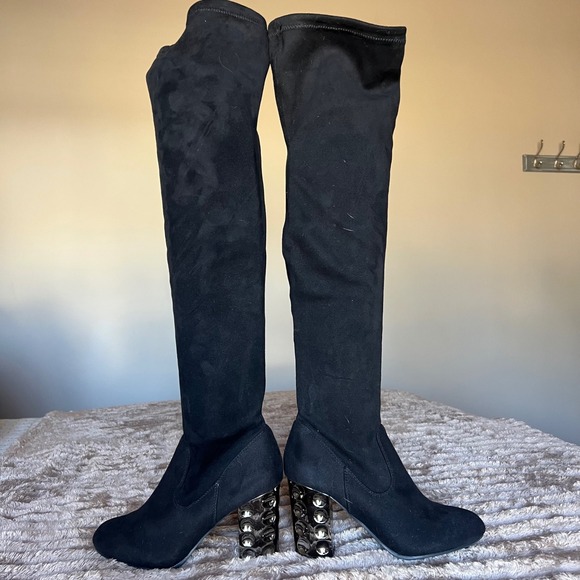 Carlos by Carlos Santana Shoes - Carlos by Carlos Santana Quantum Faux Black Suede Over Knee Boot Heel 7.5